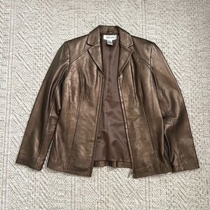 Alfani Womens Metallic Bronze Lamb Leather Zip Up Jacket Blazer Size Small S